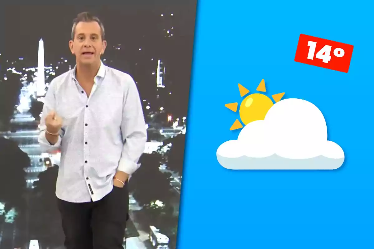 Man presenting the weather with a nighttime city background and a temperature chart showing 14 degrees with sun and clouds on a blue background