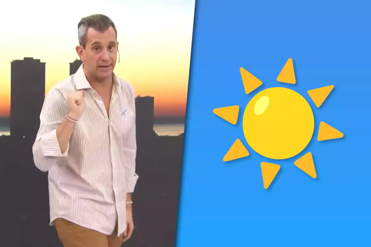 Hombre con camisa clara frente a un fondo de ciudad al atardecer junto a un gráfico de sol amarillo sobre fondo azul