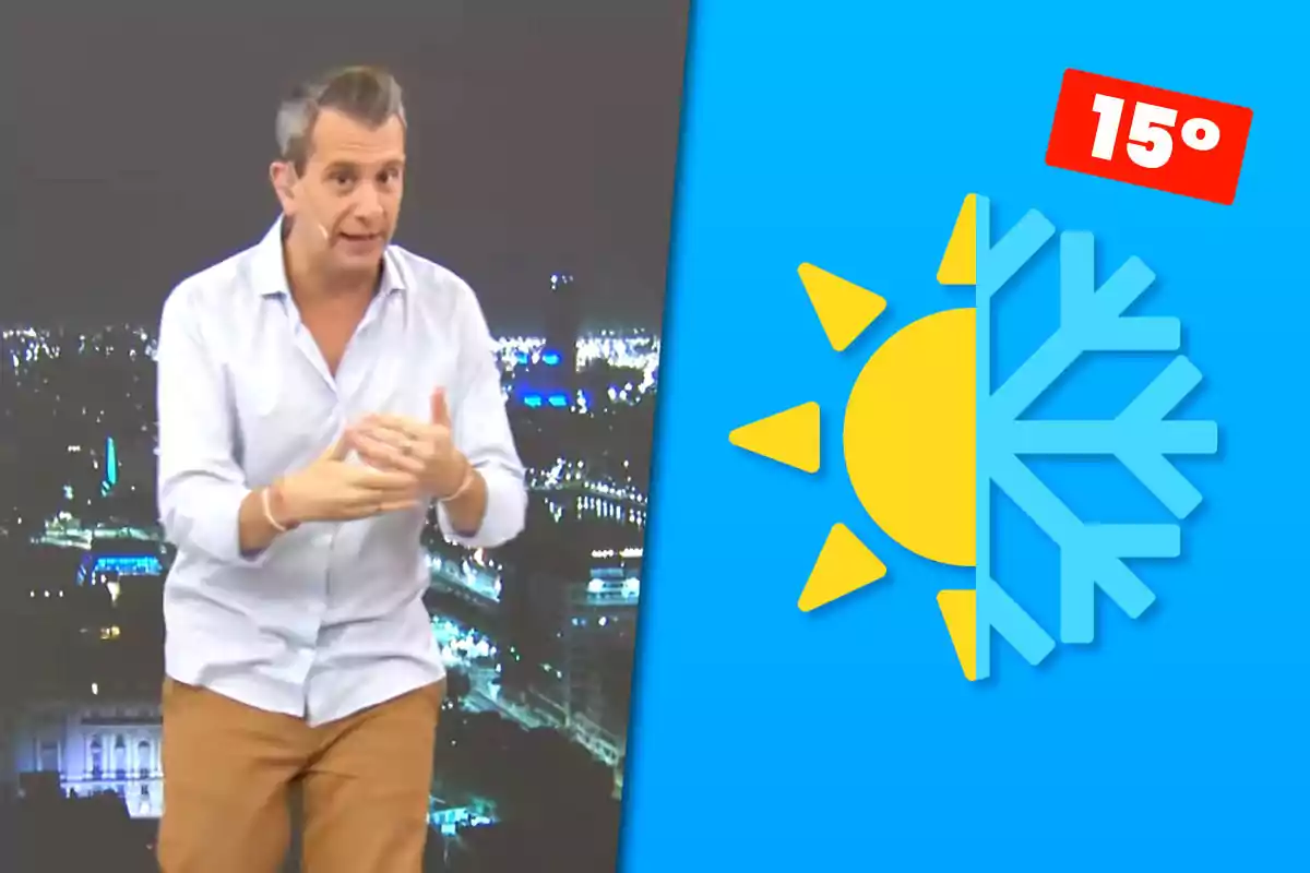 Man presenting the weather with a lit-up city background and a graphic of a sun and snowflake next to a temperature of 15 degrees in a red box