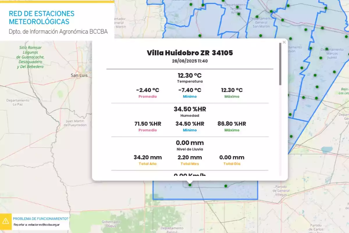 Reporte meteorológico de Villa Huidobro con datos de temperatura, humedad y nivel de lluvia sobre un mapa de estaciones meteorológicas de la provincia de Córdoba