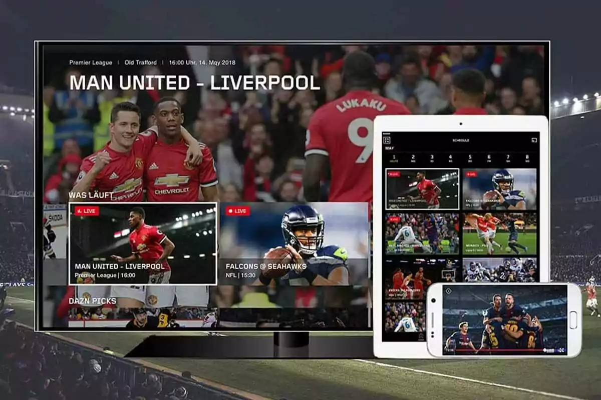 Pantalla de televisión, tablet y teléfono móvil mostrando transmisiones deportivas en vivo de fútbol y fútbol americano en un estadio lleno de espectadores Pantalla de televisión, tablet y teléfono móvil mostrando transmisiones deportivas en vivo de fútbol y fútbol americano en un estadio lleno de espectadores
