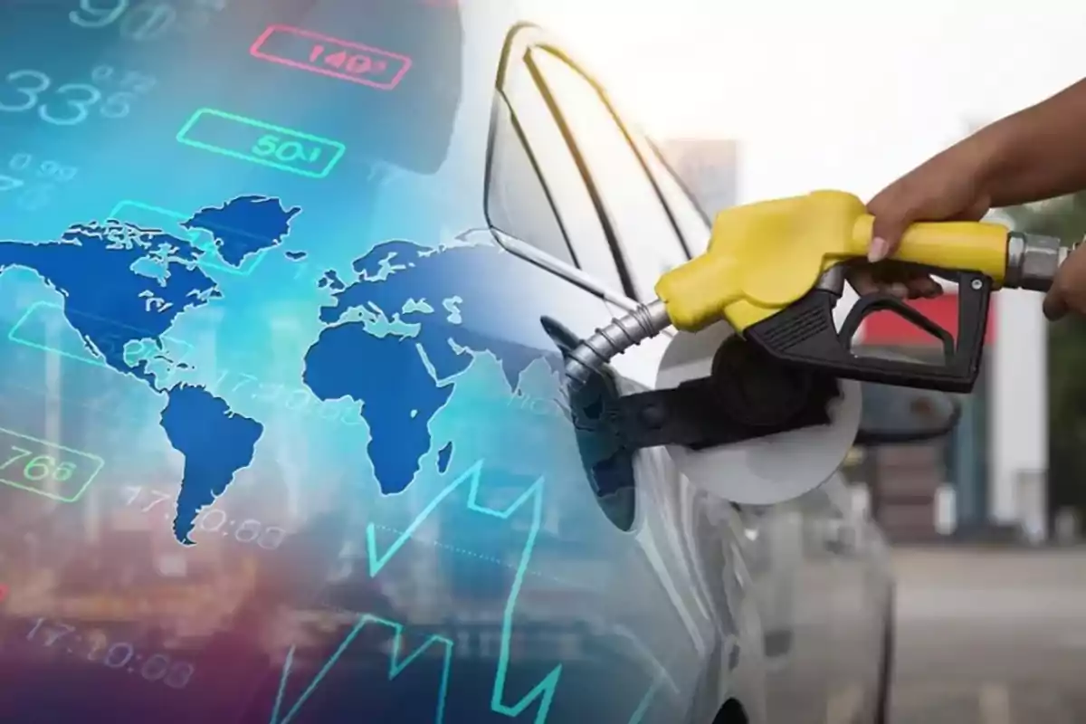 Una persona carga gasolina a un automóvil mientras se superpone un mapa mundial y gráficos financieros digitales sobre la imagen