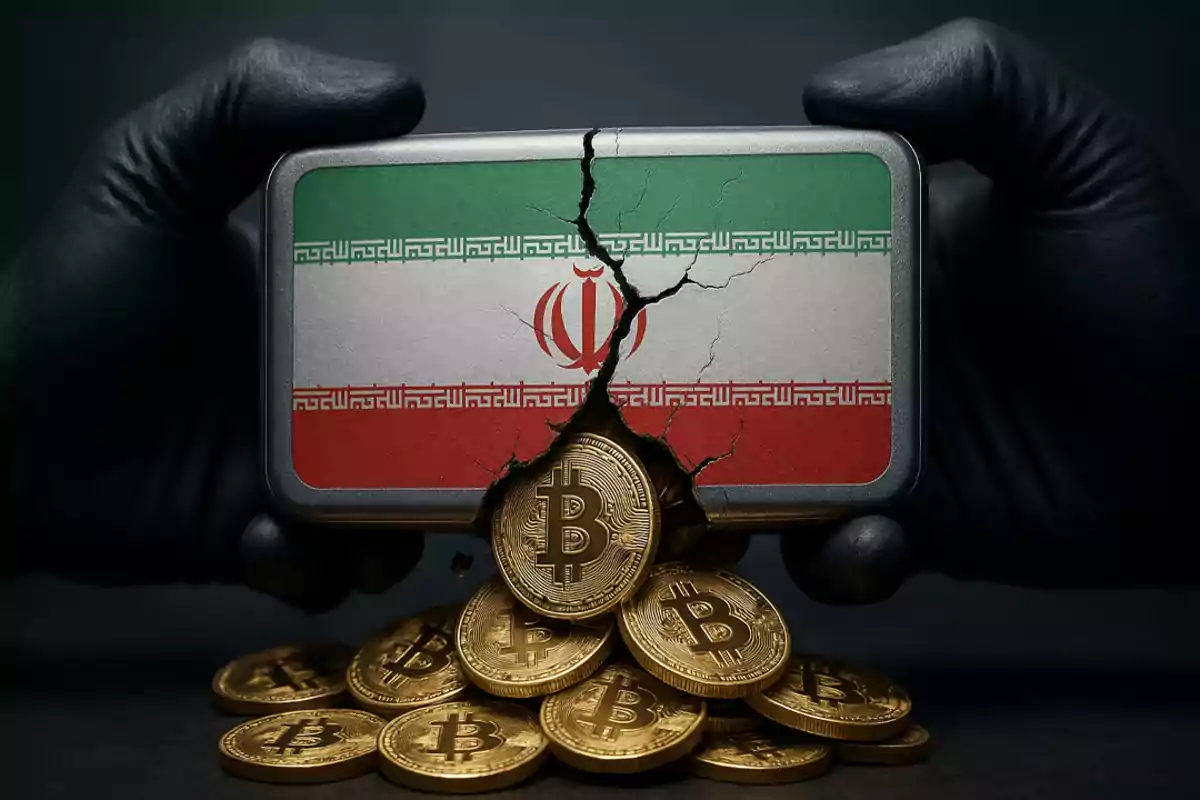 Unas manos con guantes sostienen una caja con la bandera de Irán que está agrietada y de la grieta salen monedas de bitcoin doradas.