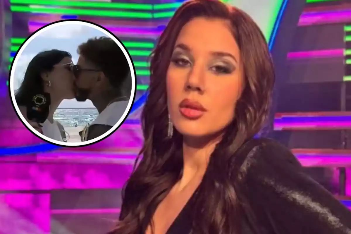 Mujer de cabello largo y suelto posa frente a un fondo colorido mientras en un círculo se muestra a una pareja besándose en la playa.