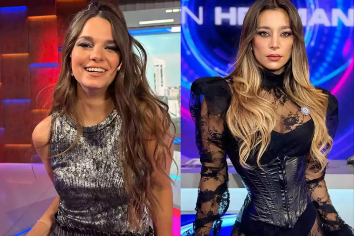Dos mujeres posan en un estudio de televisión, una lleva un vestido plateado y sonríe, la otra viste un conjunto negro de encaje y tiene expresión seria