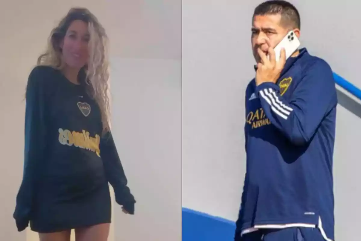Una mujer y un hombre ambos con ropa deportiva de Boca Juniors ella sonríe y él está hablando por teléfono