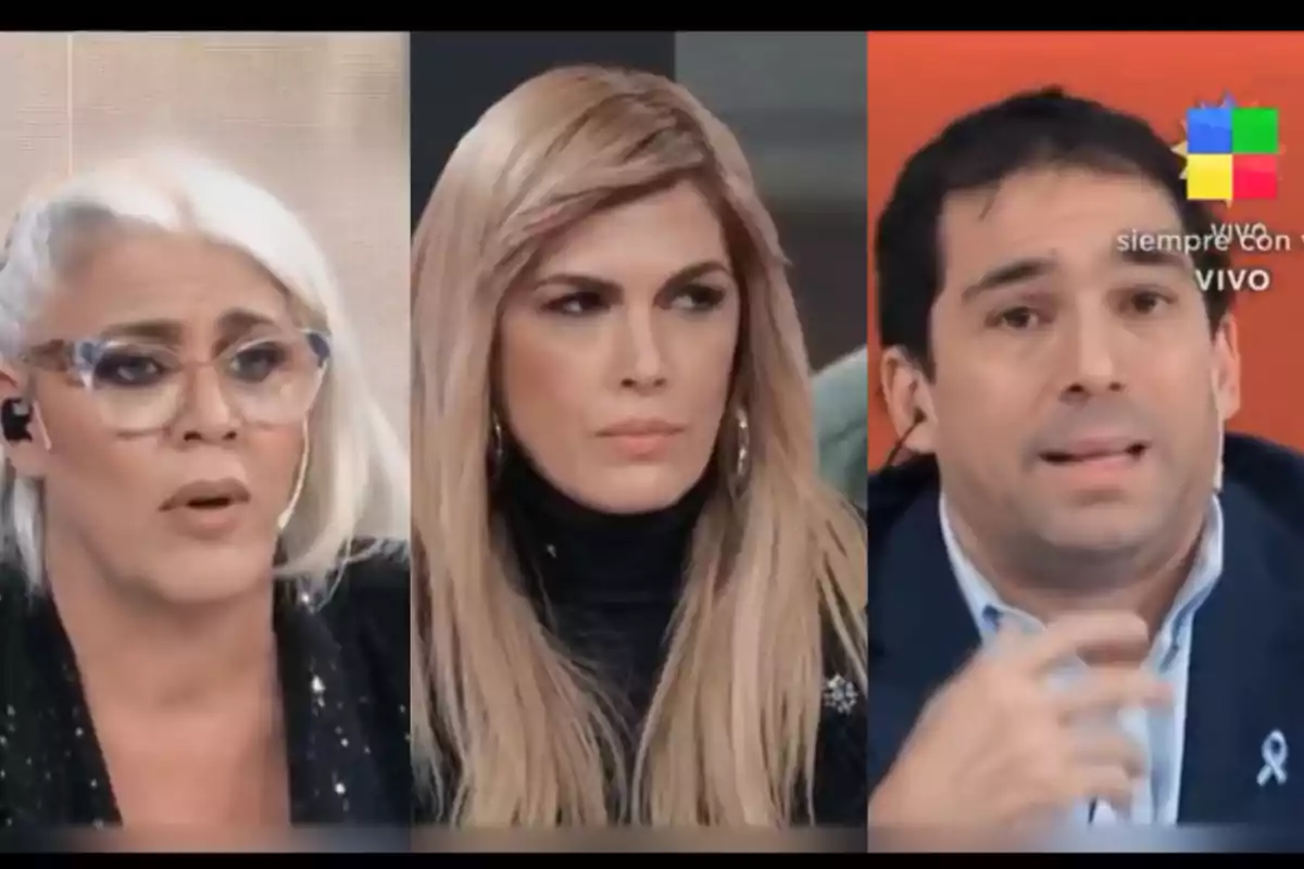 Three people on a live television show with serious expressions and a background divided into three different colors. Three people on a live television show with serious expressions and a background divided into three different colors.