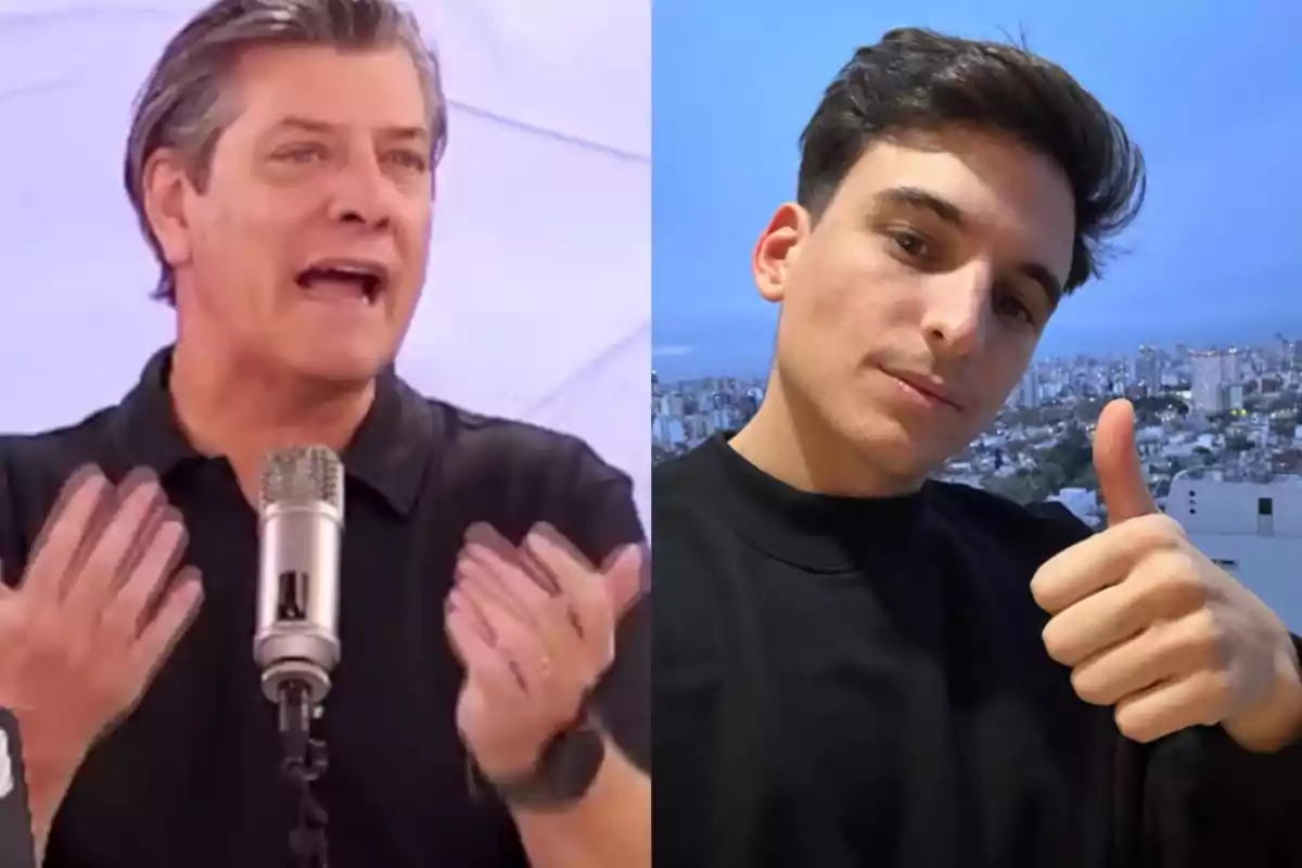 Two men appear in a split image: one is speaking into a microphone and gesturing with his hands, while the other is posing with a thumbs up and a city in the background.