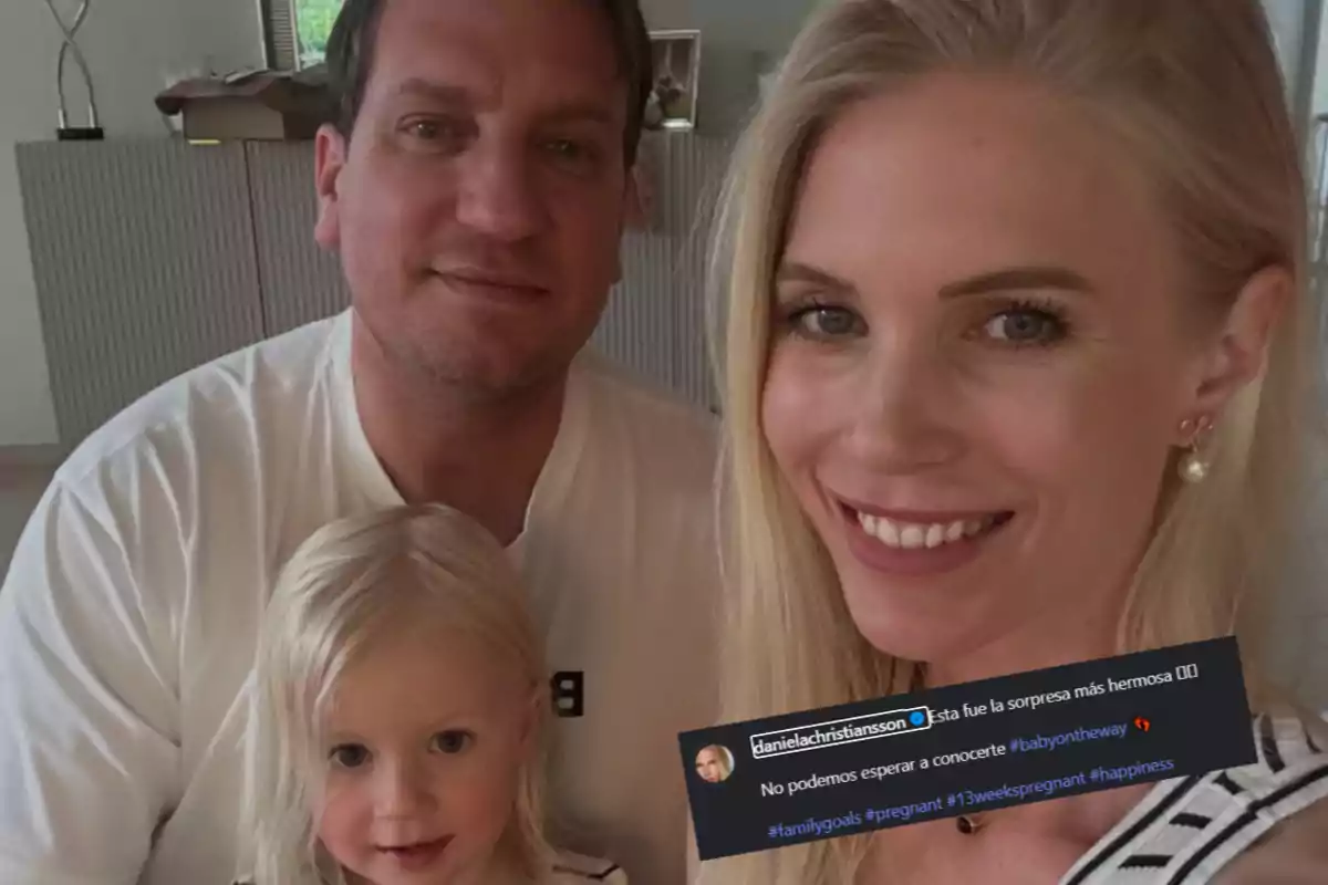 A smiling family poses for a selfie at home, with a young girl in front and an overlaid text box announcing a pregnancy.