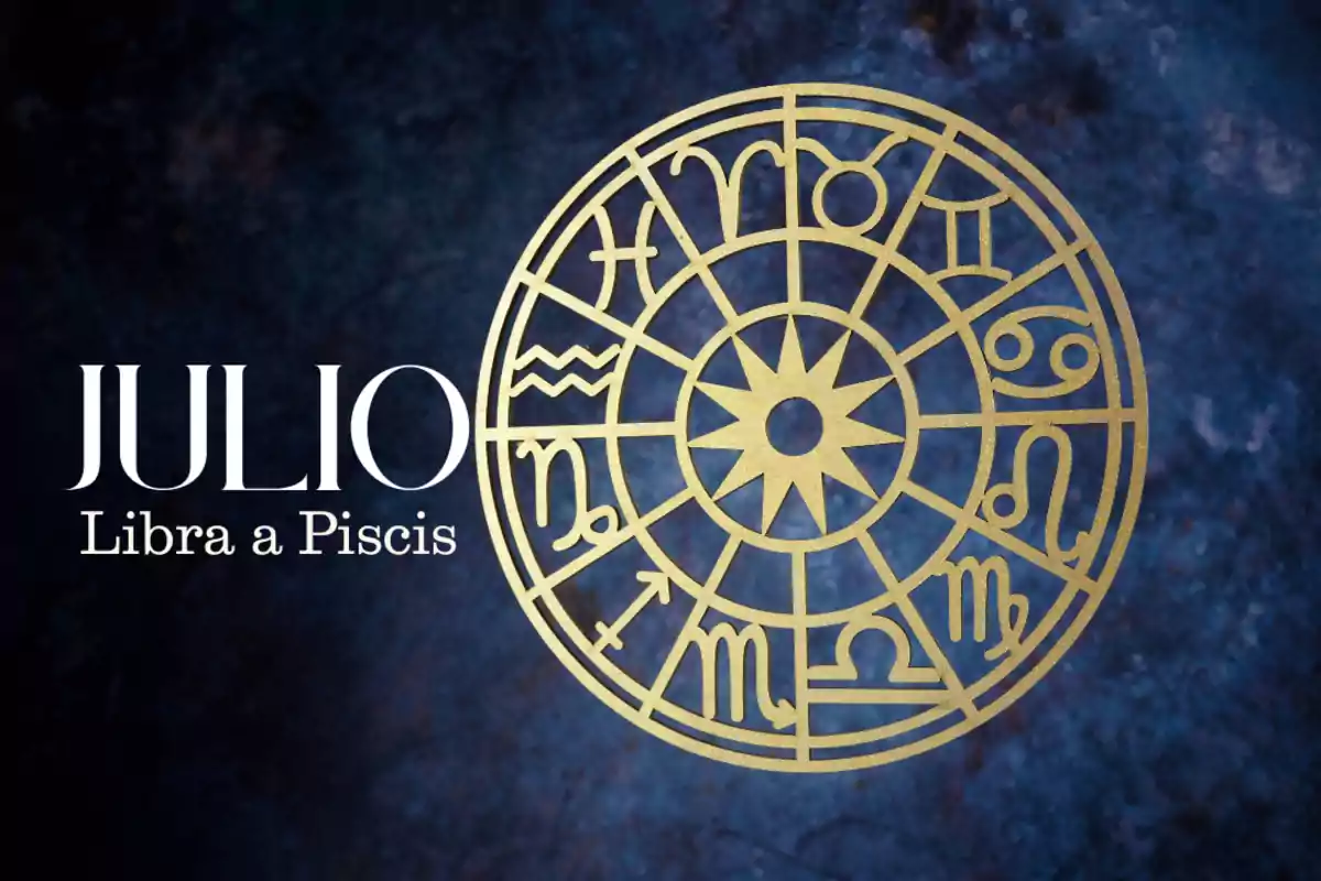 Imagen con fondo azul oscuro que muestra un círculo dorado con los signos del zodiaco y el texto JULIO Libra a Piscis a la izquierda