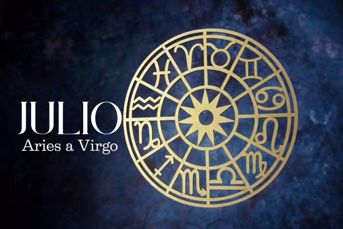 Imagen con fondo azul oscuro que muestra un círculo dorado con los símbolos del zodiaco y el texto JULIO Aries a Virgo