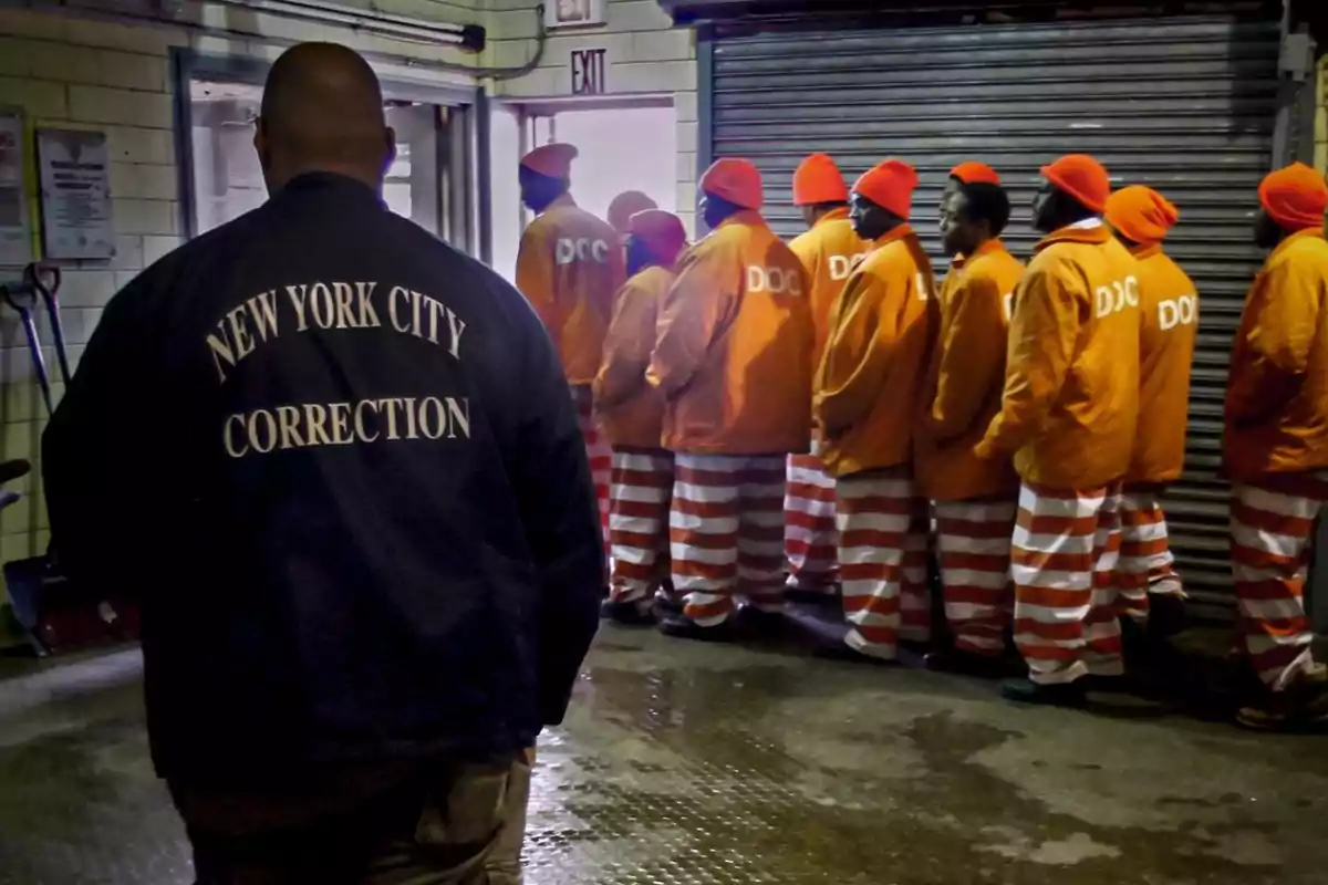 A New York corrections officer watches a group of people dressed in orange uniforms and red-and-white striped pants lined up inside a facility. A New York corrections officer watches a group of people dressed in orange uniforms and red-and-white striped pants lined up inside a facility.
