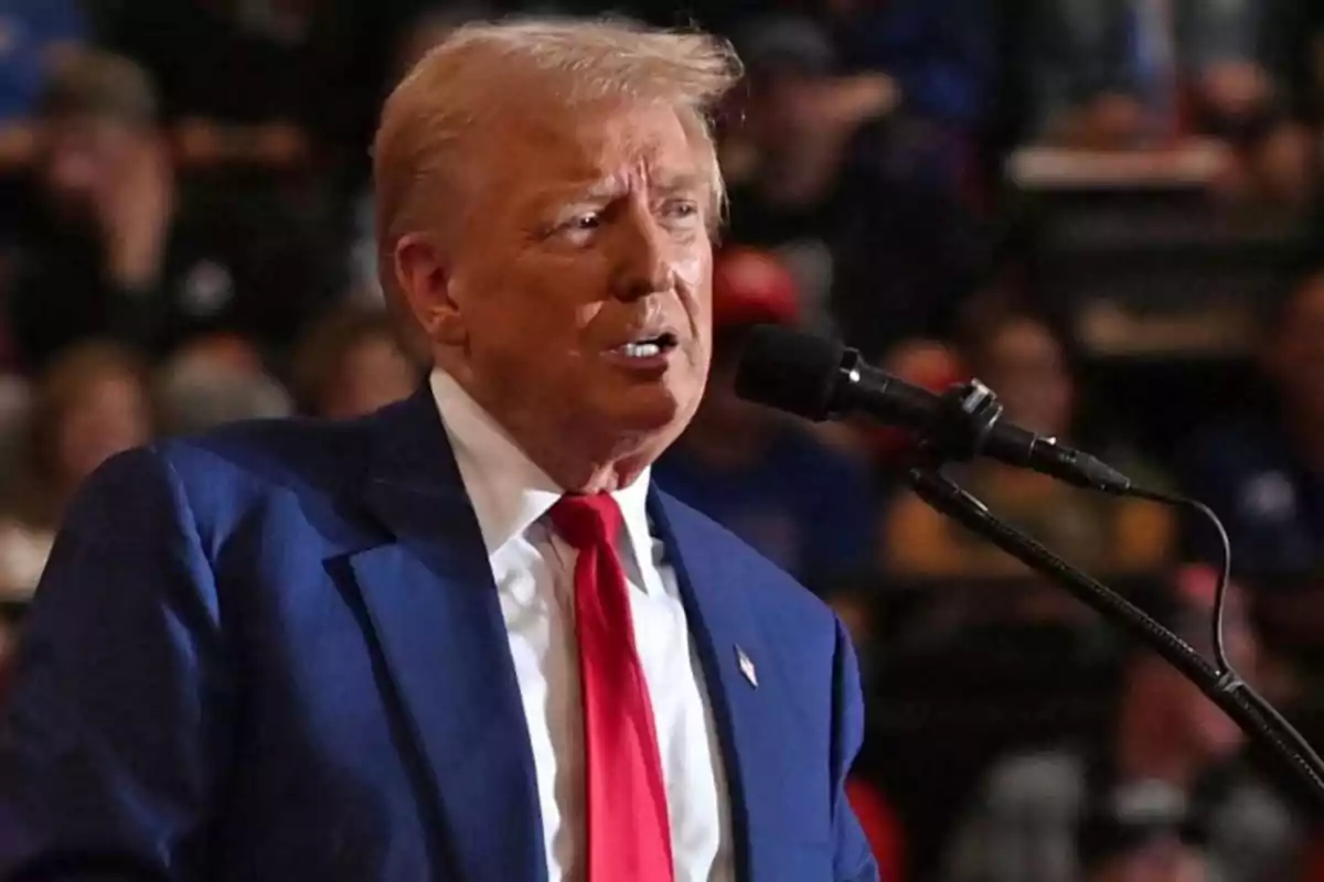Blond-haired man in a blue suit and red tie speaking in front of a microphone at a public event Blond-haired man in a blue suit and red tie speaking in front of a microphone at a public event