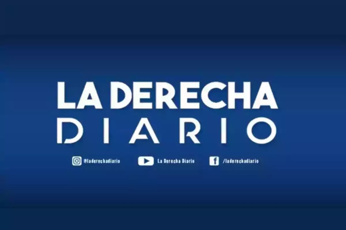 Logo de La Derecha Diario sobre fondo azul con iconos de redes sociales en la parte inferior