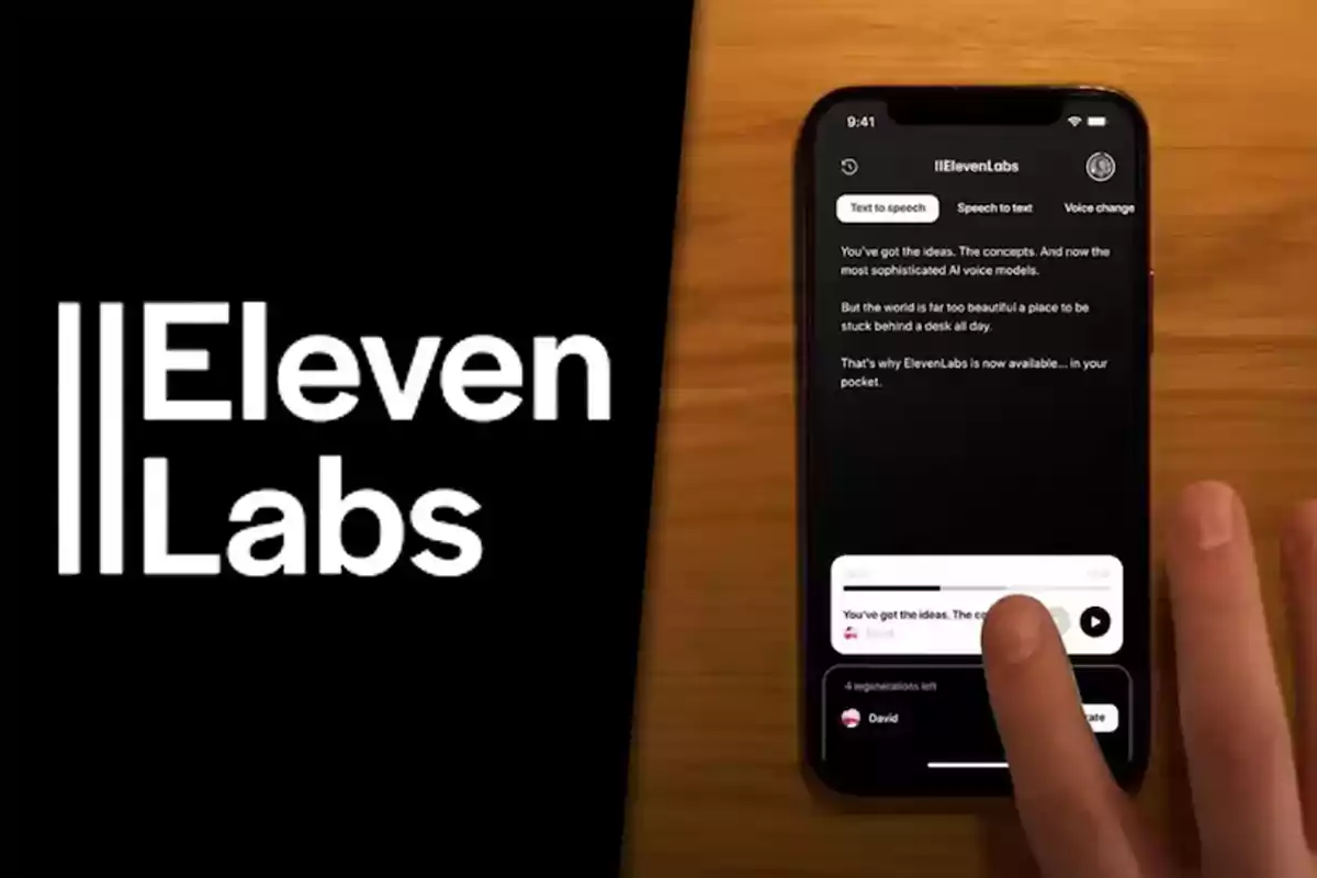 Logo de ElevenLabs a la izquierda y una mano usando la aplicación de ElevenLabs en un teléfono móvil sobre una mesa de madera