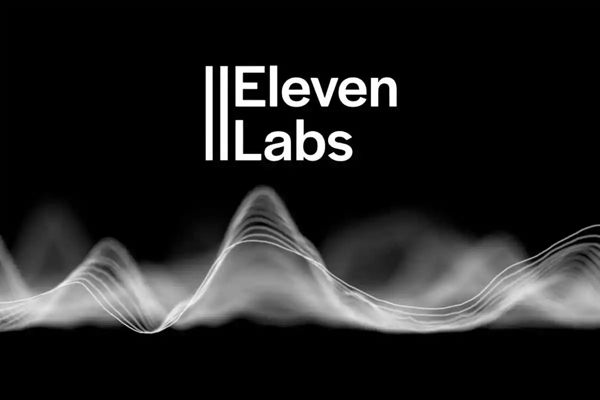 Logo de Eleven Labs en letras blancas sobre fondo negro con ondas de sonido estilizadas en la parte inferior