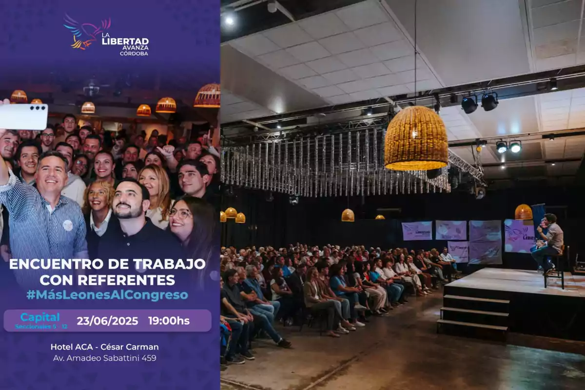 Evento político de La Libertad Avanza Córdoba con personas tomándose una selfie y una conferencia frente a un público numeroso en un salón iluminado