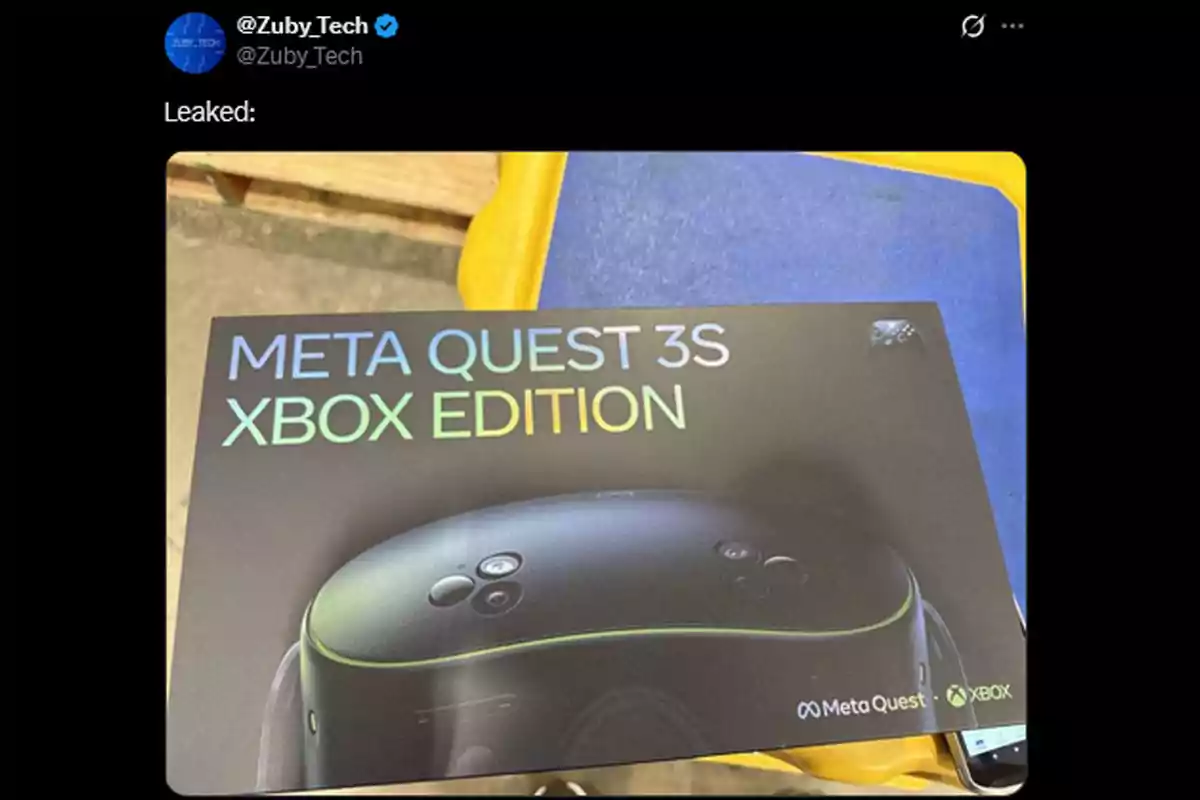 Caja filtrada de un visor Meta Quest 3S edición Xbox sobre una superficie azul y amarilla Caja filtrada de un visor Meta Quest 3S edición Xbox sobre una superficie azul y amarilla