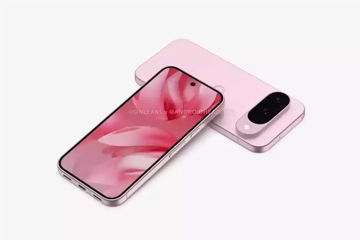 Dos teléfonos inteligentes de color rosa claro, uno mostrando la pantalla encendida con un fondo rosado y el otro mostrando la parte trasera con un módulo de cámara dual