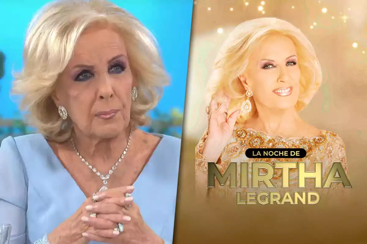 Elegant older blonde woman with a light blue dress and jewelry on the left, and on the right a golden sign with her smiling image and the text "La Noche de Mirtha Legrand"