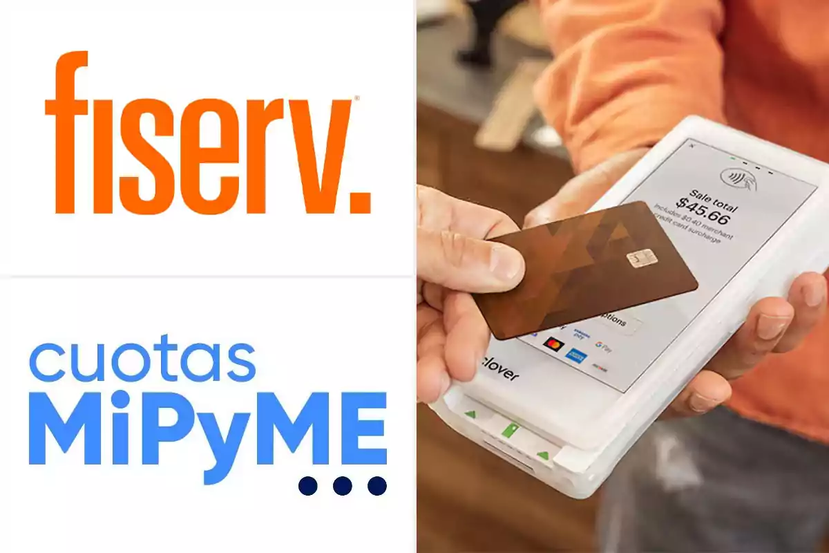 Logos de Fiserv y Cuotas MiPyME junto a una persona pagando con tarjeta en un lector electrónico
