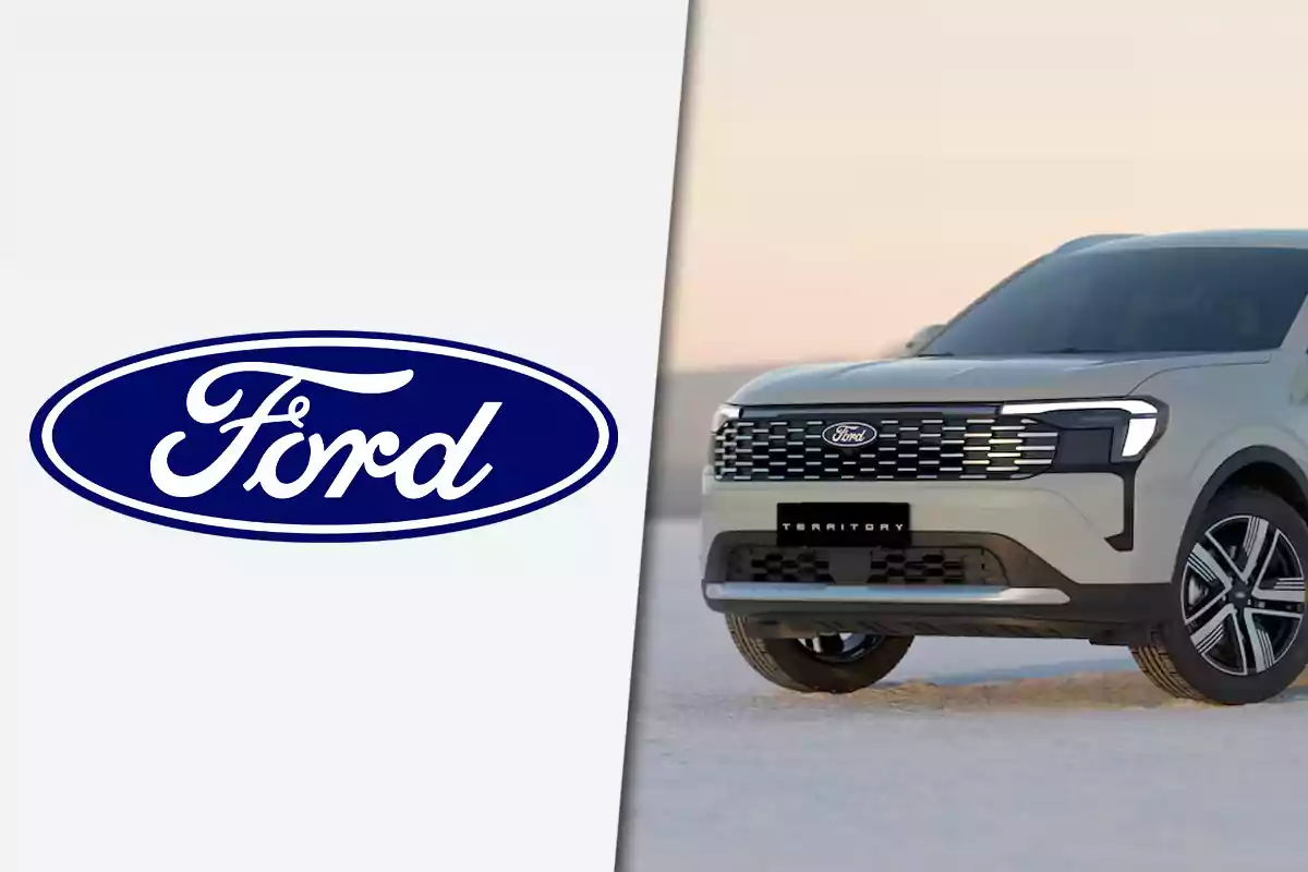 Logo de Ford junto a la parte frontal de una camioneta Ford Territory blanca