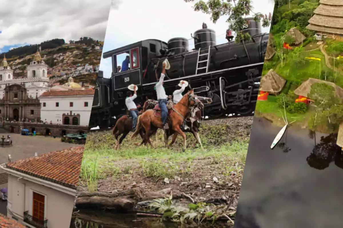 Tres escenas representativas de Ecuador, incluyendo una plaza colonial en Quito, jinetes saludando junto a un tren antiguo y un paisaje amazónico con cabañas y una canoa en el agua Tres escenas representativas de Ecuador, incluyendo una plaza colonial en Quito, jinetes saludando junto a un tren antiguo y un paisaje amazónico con cabañas y una canoa en el agua