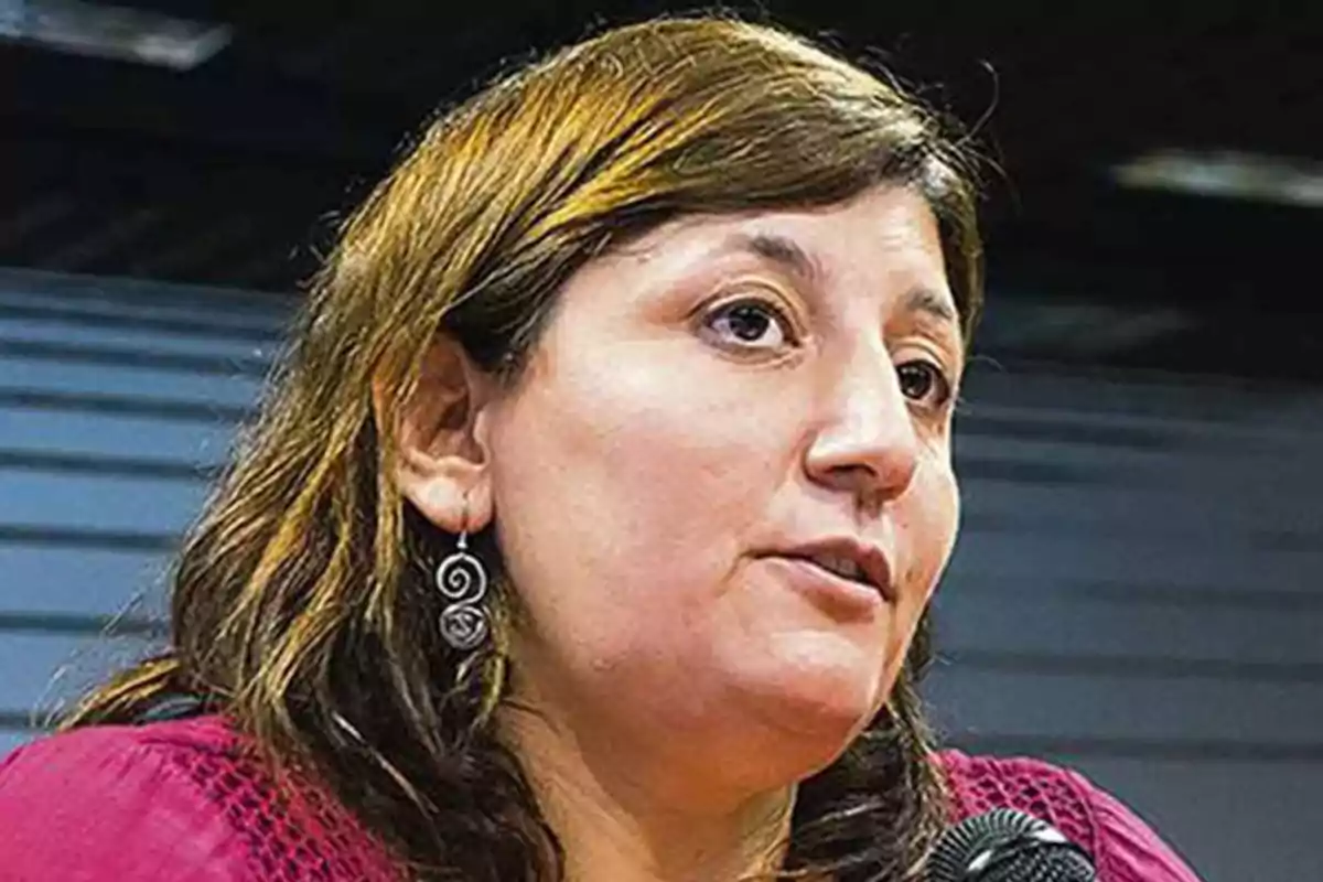 Mujer de cabello castaño claro y ondulado usando aretes de espiral y blusa rosa, hablando frente a un micrófono