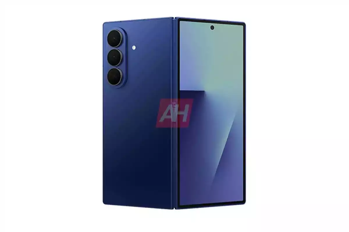 Teléfono plegable de color azul con tres cámaras traseras y pantalla grande abierta mostrando un fondo degradado Teléfono plegable de color azul con tres cámaras traseras y pantalla grande abierta mostrando un fondo degradado