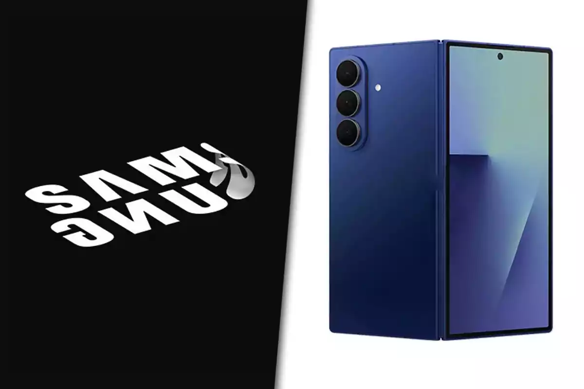 Un teléfono plegable azul con tres cámaras traseras junto a un fondo negro con el logo de Samsung en letras blancas distorsionadas