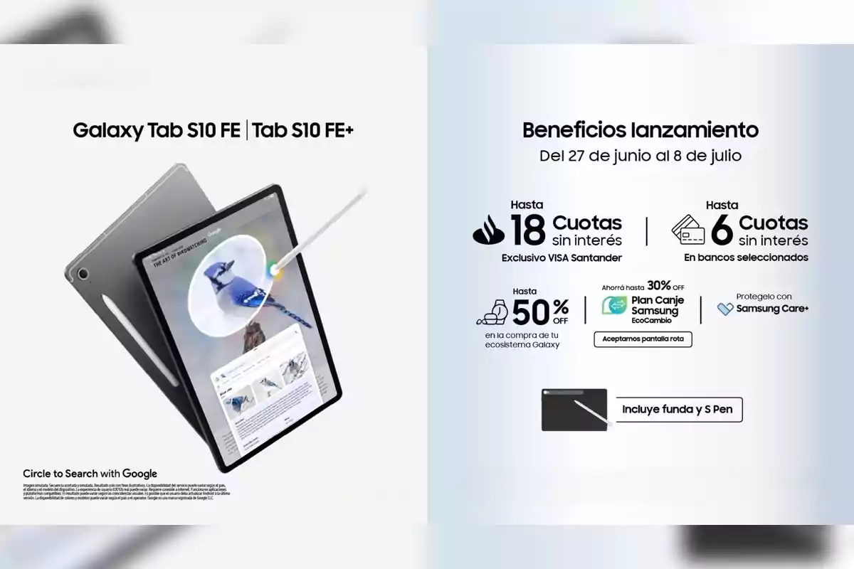 Launch promotion for the Galaxy Tab S10 FE and Tab S10 FE Plus tablets with benefits such as up to 18 interest-free installments, discounts of up to 50 percent, trade-in plan, Samsung Care Plus protection, and the inclusion of a case and S Pen. Launch promotion for the Galaxy Tab S10 FE and Tab S10 FE Plus tablets with benefits such as up to 18 interest-free installments, discounts of up to 50 percent, trade-in plan, Samsung Care Plus protection, and the inclusion of a case and S Pen.