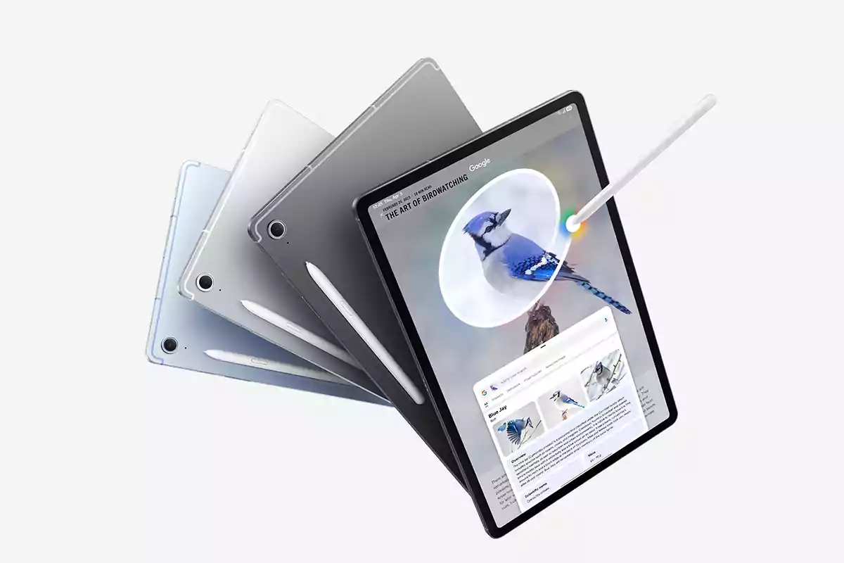 Several tablet models in different colors with a digital pen and the screen displaying an image of a blue bird Several tablet models in different colors with a digital pen and the screen displaying an image of a blue bird