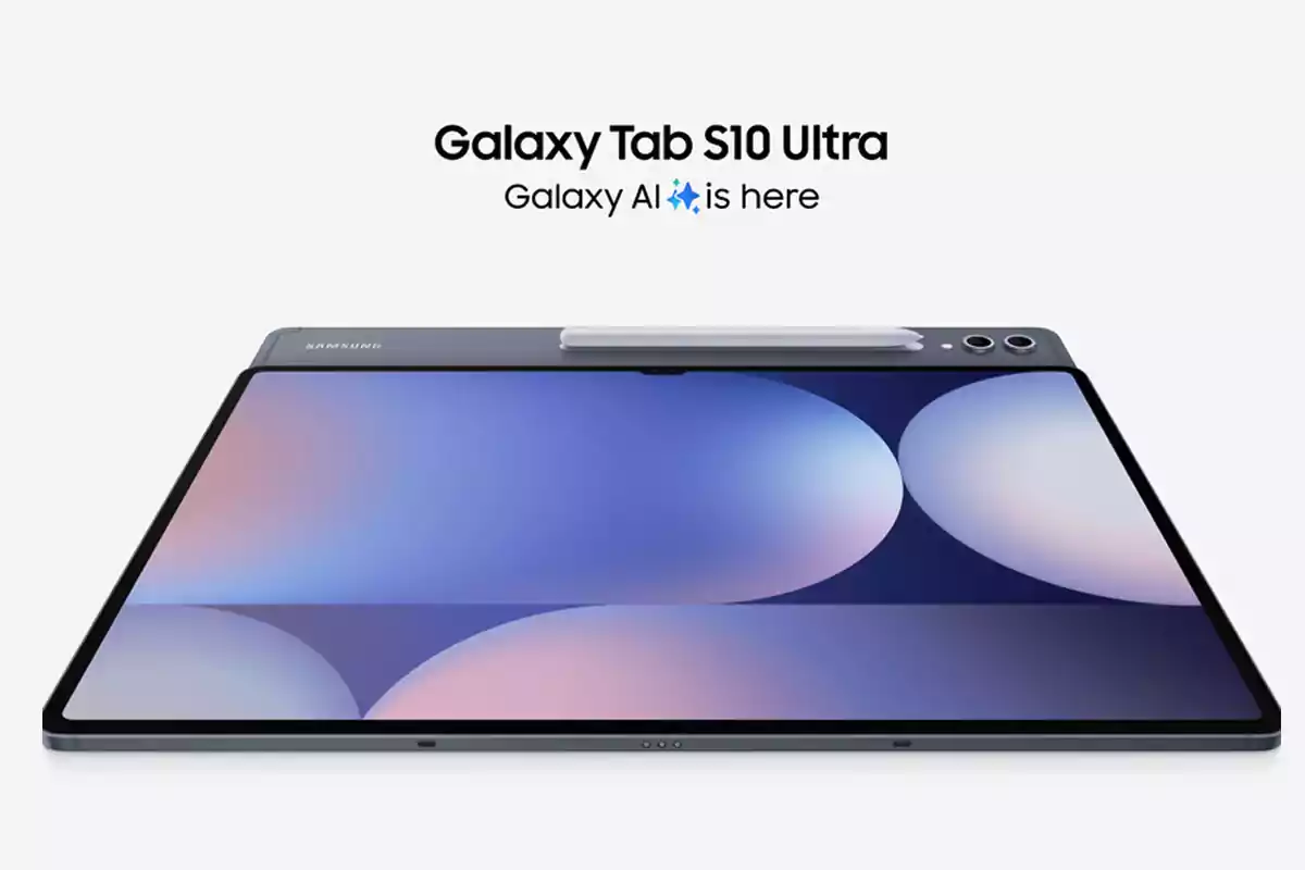 Samsung Galaxy Tab S10 Ultra tablet with stylus and screen on displaying abstract graphics, accompanied by the text Galaxy AI is here Samsung Galaxy Tab S10 Ultra tablet with stylus and screen on displaying abstract graphics, accompanied by the text Galaxy AI is here