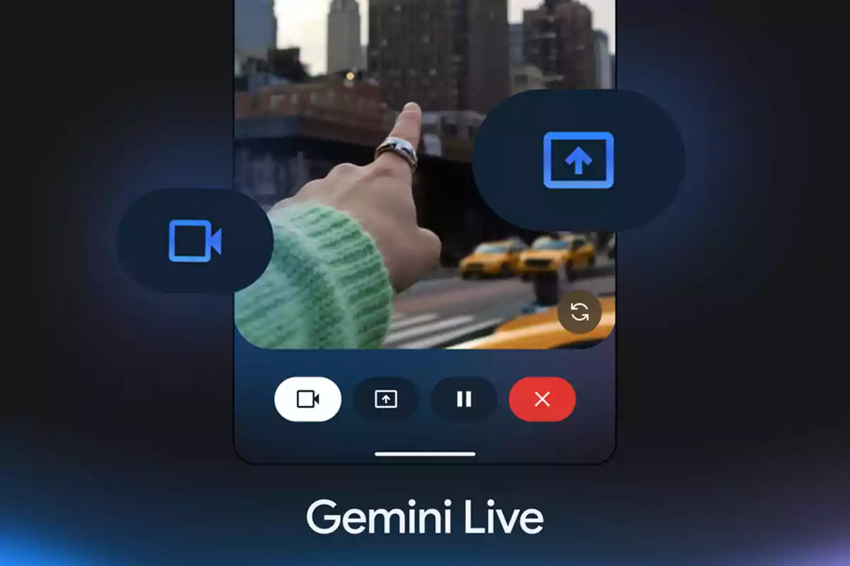 Una mano señalando hacia edificios en una ciudad con taxis amarillos al fondo y una interfaz de videollamada en pantalla que muestra botones de grabar, compartir, pausar y finalizar, junto al texto Gemini Live. Una mano señalando hacia edificios en una ciudad con taxis amarillos al fondo y una interfaz de videollamada en pantalla que muestra botones de grabar, compartir, pausar y finalizar, junto al texto Gemini Live.