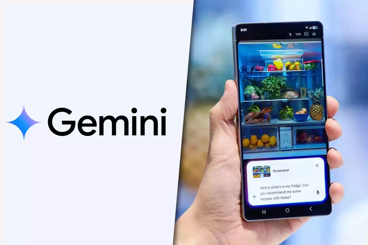 Logo de Gemini a la izquierda y una mano sosteniendo un teléfono inteligente que muestra la imagen del interior de un refrigerador lleno de frutas y verduras a la derecha