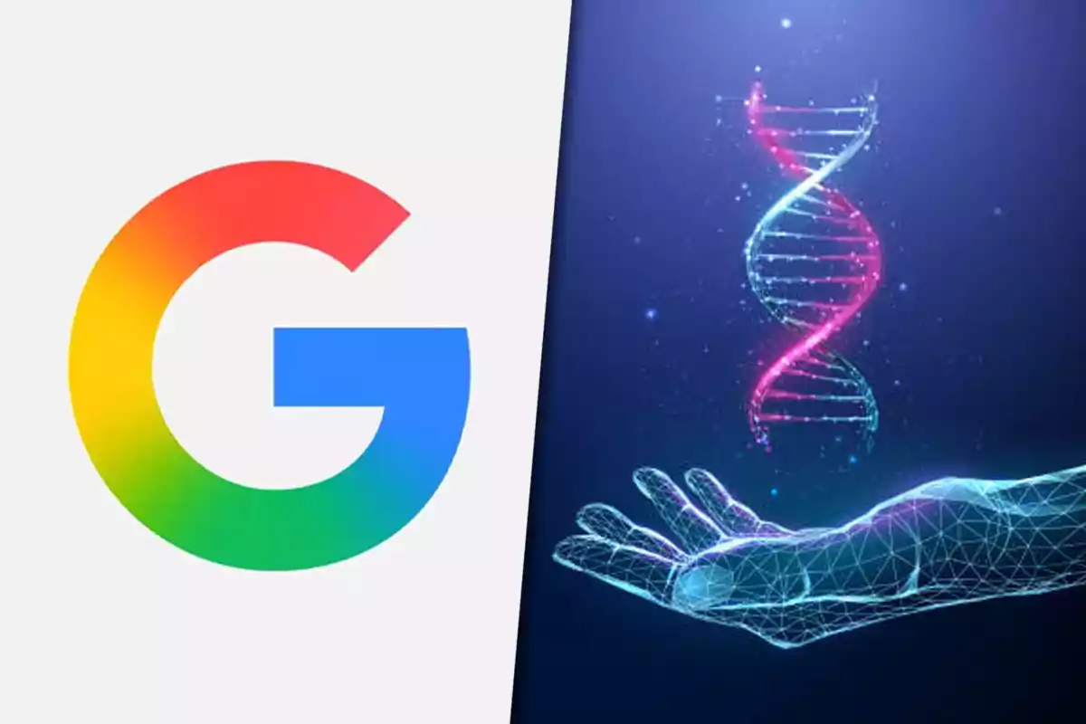 Google logo on the left and a digital hand holding a double helix of DNA on the right