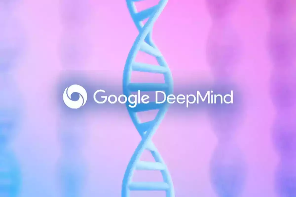 Google DeepMind logo over a DNA helix in blue and pink tones Google DeepMind logo over a DNA helix in blue and pink tones