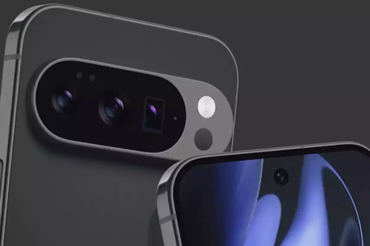 Primer plano de un teléfono inteligente moderno mostrando el módulo de cámaras traseras y parte de la pantalla frontal encendida