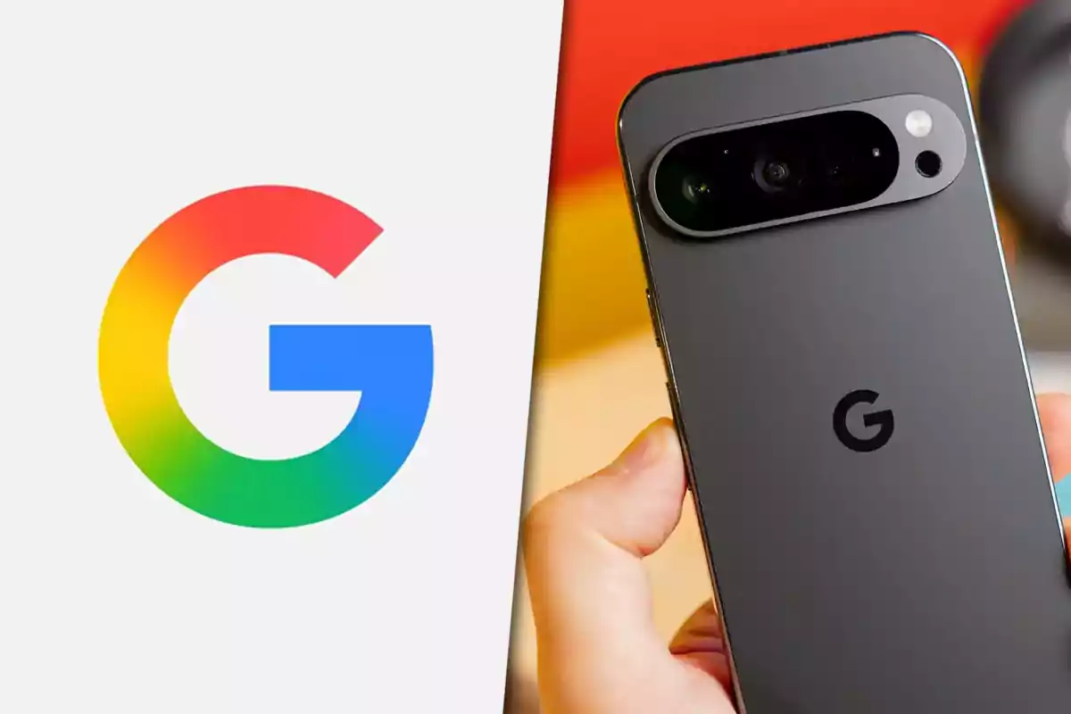 Google logo next to a person holding a Google Pixel smartphone