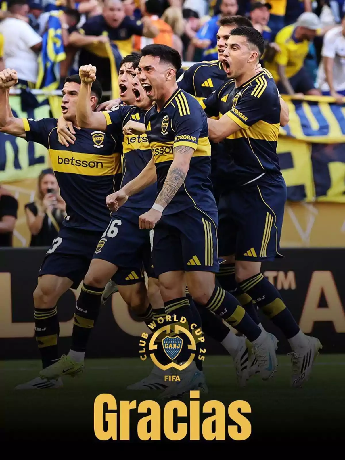 Jugadores de Boca Juniors celebran efusivamente en la cancha con la palabra Gracias y el escudo del club junto al logo del Mundial de Clubes 2025 Jugadores de Boca Juniors celebran efusivamente en la cancha con la palabra Gracias y el escudo del club junto al logo del Mundial de Clubes 2025