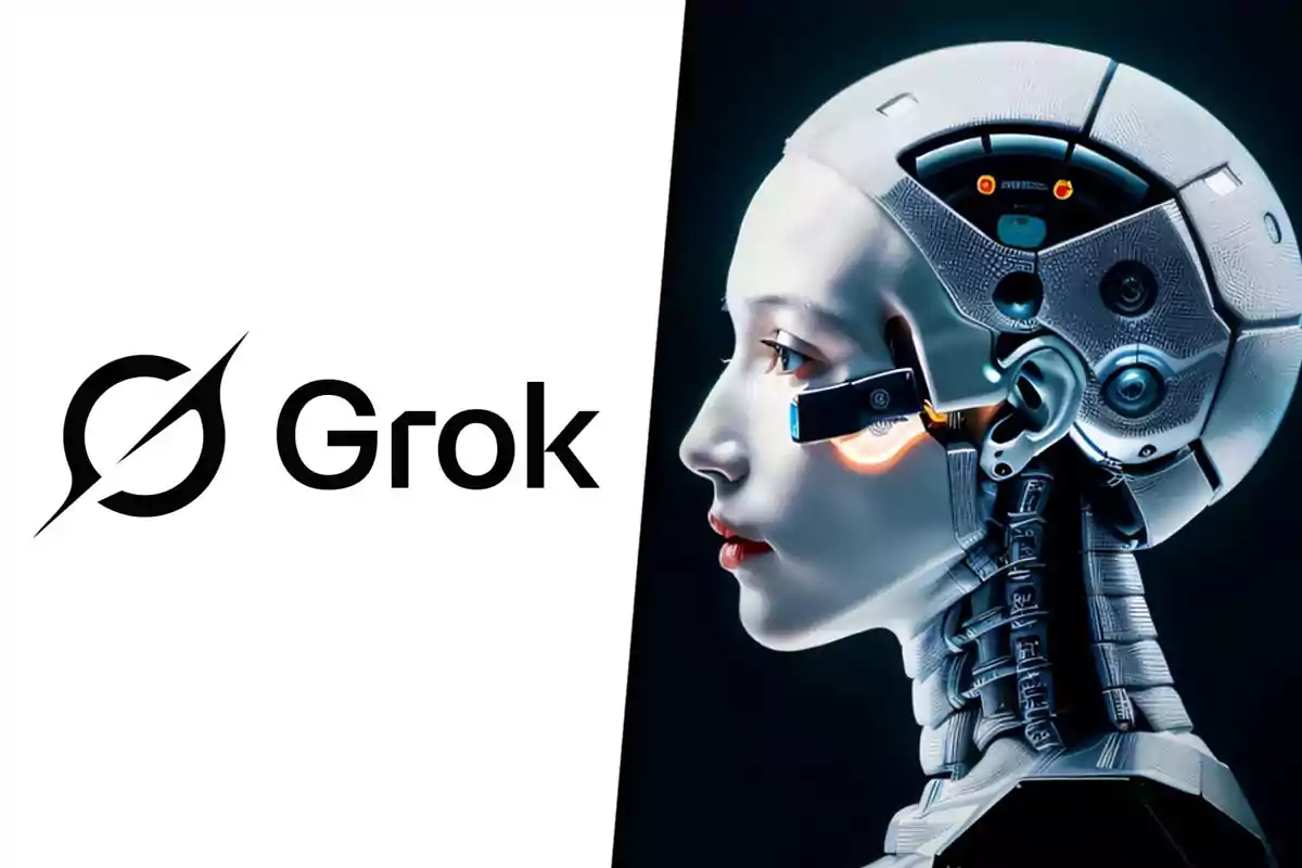 Logo de Grok junto a la ilustración de un androide futurista con rostro humano y detalles tecnológicos en la cabeza y cuello