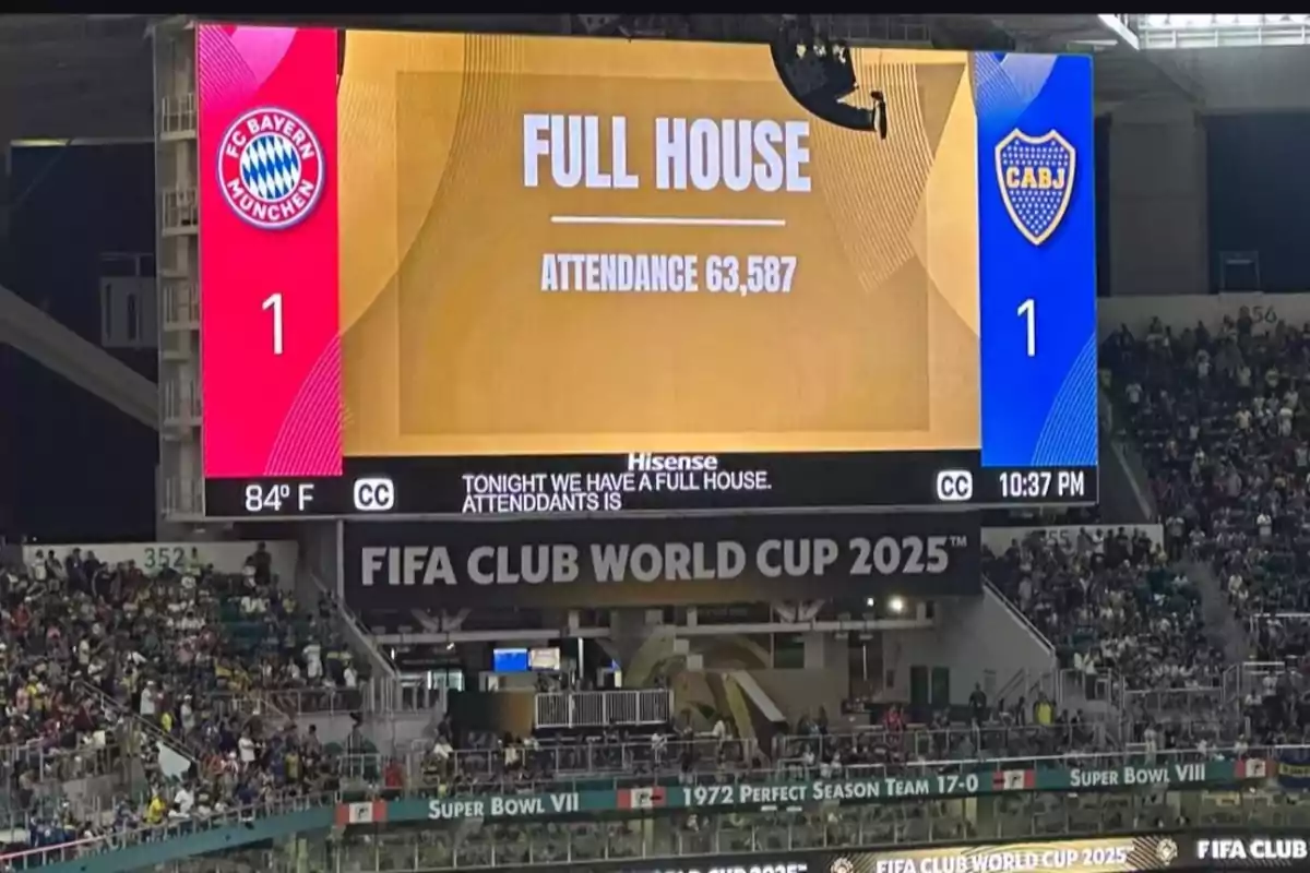 Marcador de un partido de fútbol entre Bayern Múnich y Boca Juniors con el resultado empatado a uno, pantalla gigante mostrando asistencia de 63,587 personas y estadio lleno durante la Copa Mundial de Clubes de la FIFA 2025. Marcador de un partido de fútbol entre Bayern Múnich y Boca Juniors con el resultado empatado a uno, pantalla gigante mostrando asistencia de 63,587 personas y estadio lleno durante la Copa Mundial de Clubes de la FIFA 2025.