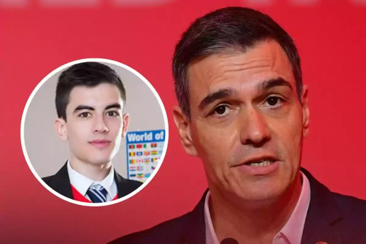 Hombre de cabello corto y canoso hablando frente a un micrófono con fondo rojo y un recuadro que muestra a un joven de cabello oscuro con traje y corbata