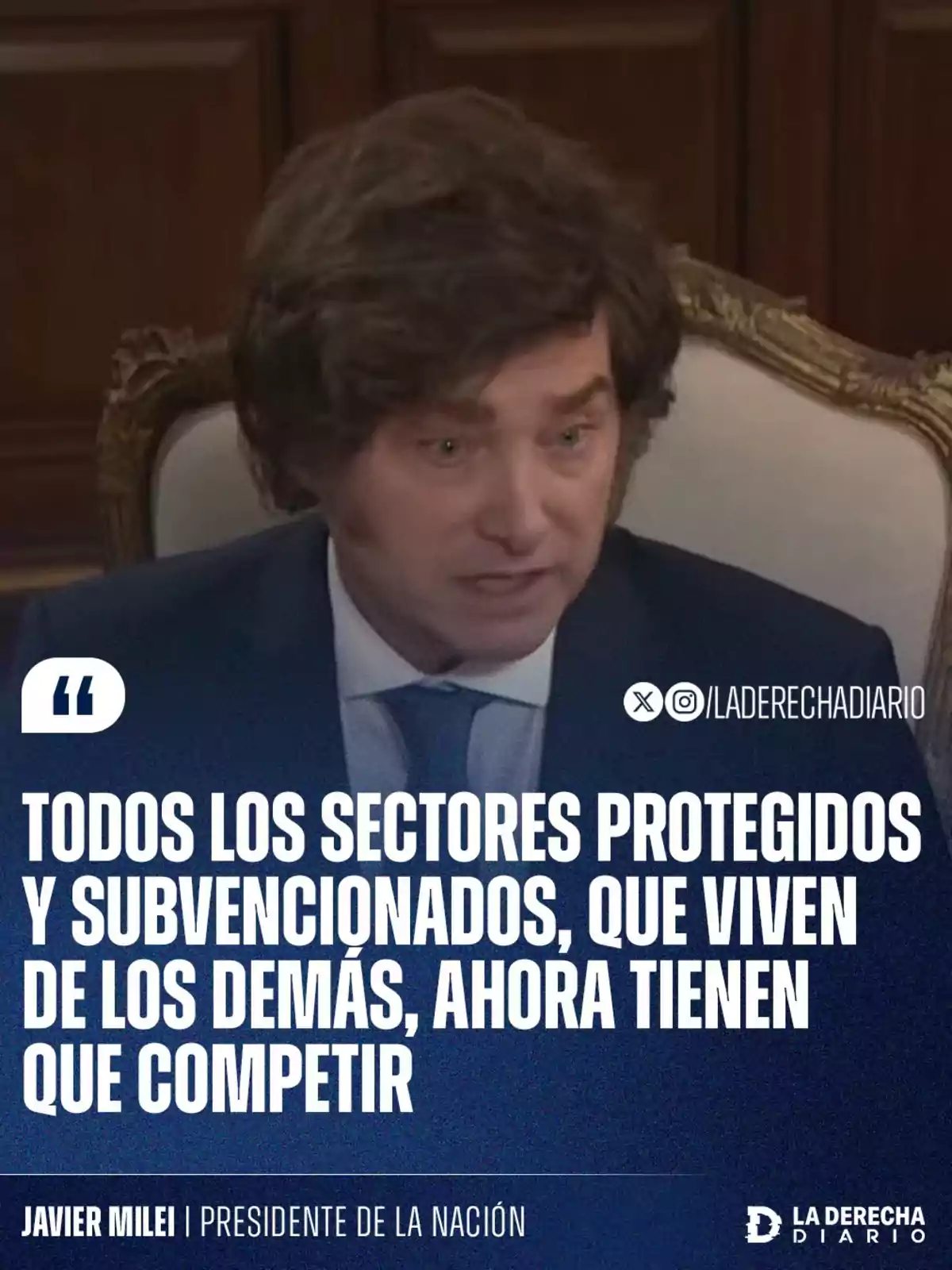 Brown-haired man in a dark suit sitting on an elegant chair, accompanied by text saying that protected and subsidized sectors now have to compete, with the name Javier Milei and a media outlet’s logo. Brown-haired man in a dark suit sitting on an elegant chair, accompanied by text saying that protected and subsidized sectors now have to compete, with the name Javier Milei and a media outlet’s logo.