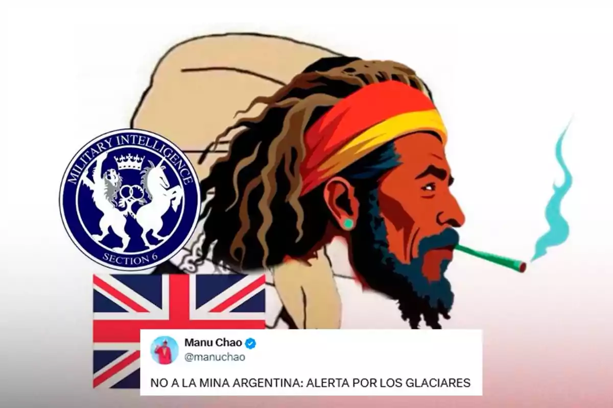 Illustration of a person with dreadlocks and a headband smoking, accompanied by a military intelligence logo, a United Kingdom flag, and a tweet that says NO TO THE ARGENTINE MINE ALERT FOR THE GLACIERS
