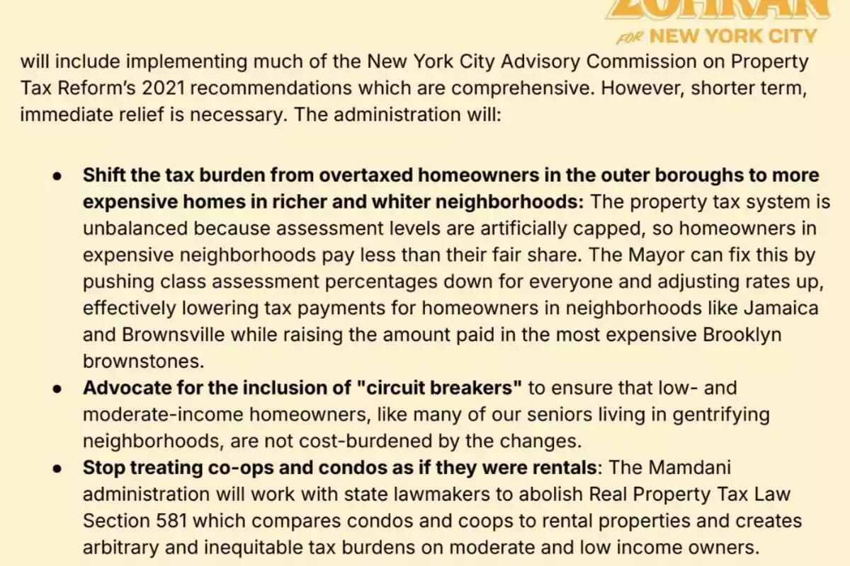Fragmento de un documento que describe propuestas para reformar el sistema de impuestos a la propiedad en la ciudad de Nueva York, incluyendo el cambio de la carga fiscal hacia viviendas más caras, la inclusión de mecanismos de protección para propietarios de ingresos bajos y medios, y la eliminación del trato fiscal desigual para cooperativas y condominios.