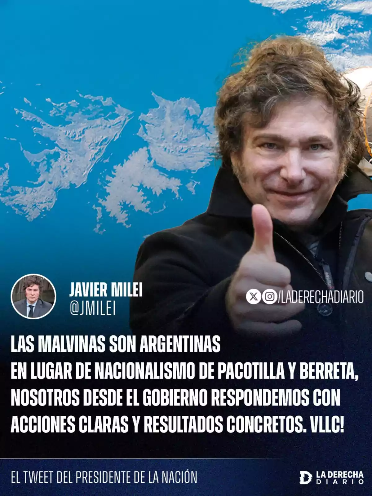 Un hombre con el pulgar levantado sonríe frente a una imagen satelital de las Islas Malvinas, acompañado de un mensaje que afirma la soberanía argentina sobre las islas y destaca la importancia de acciones concretas por parte del gobierno Un hombre con el pulgar levantado sonríe frente a una imagen satelital de las Islas Malvinas, acompañado de un mensaje que afirma la soberanía argentina sobre las islas y destaca la importancia de acciones concretas por parte del gobierno