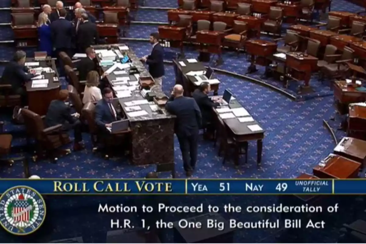 View of the interior of the United States Senate during a vote where the screen shows the result of 51 votes in favor and 49 against to proceed with consideration of the H.R. 1 bill called the One Big Beautiful Bill Act.