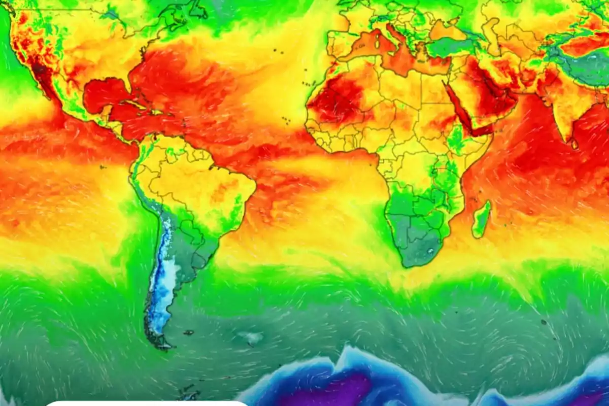 Mapa mundial con colores que representan diferentes temperaturas donde el rojo indica zonas más cálidas y el azul zonas más frías