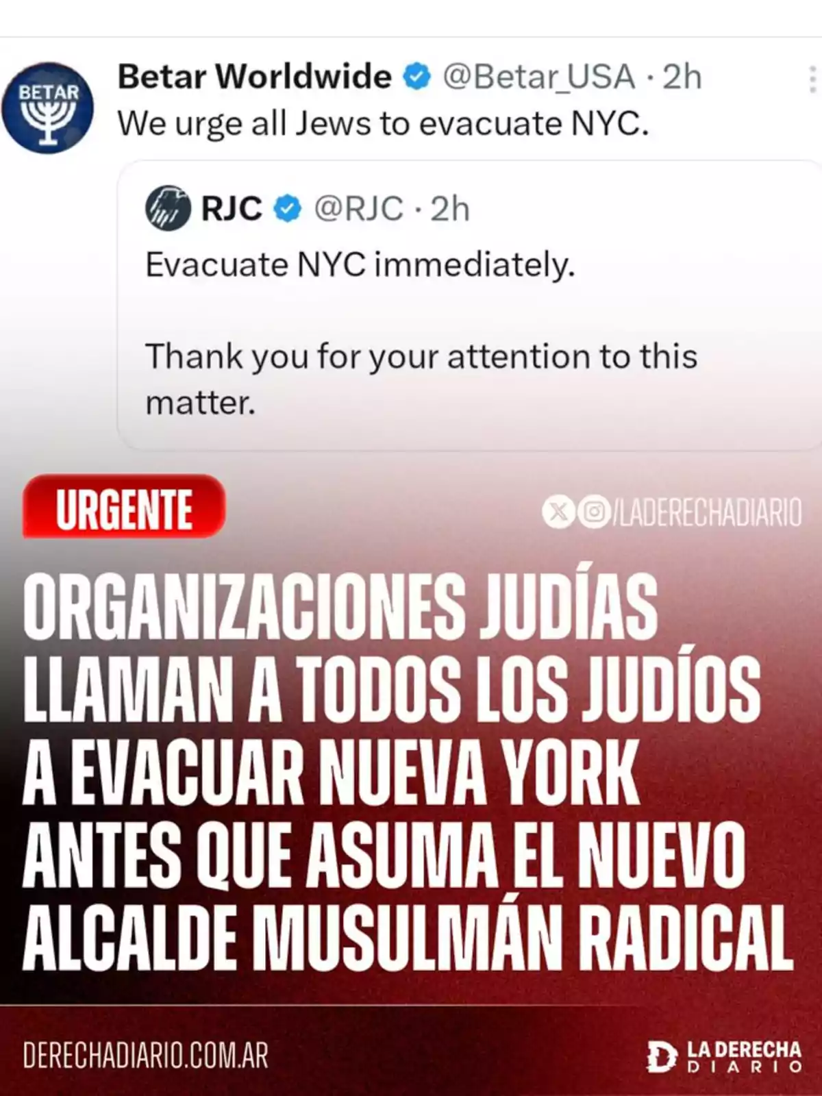 Screenshot of a social media post showing an alert from Jewish organizations urging Jews to evacuate New York before a new radical Muslim mayor takes office, with a red background design and white letters highlighting the urgency of the message. Screenshot of a social media post showing an alert from Jewish organizations urging Jews to evacuate New York before a new radical Muslim mayor takes office, with a red background design and white letters highlighting the urgency of the message.
